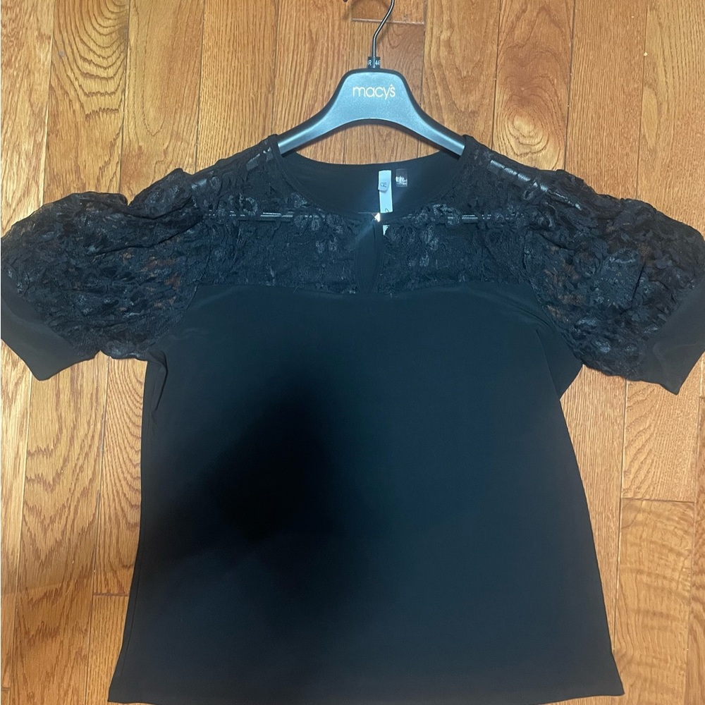 Macy's Black Lace Yoke Puff-Sleeve Blouse